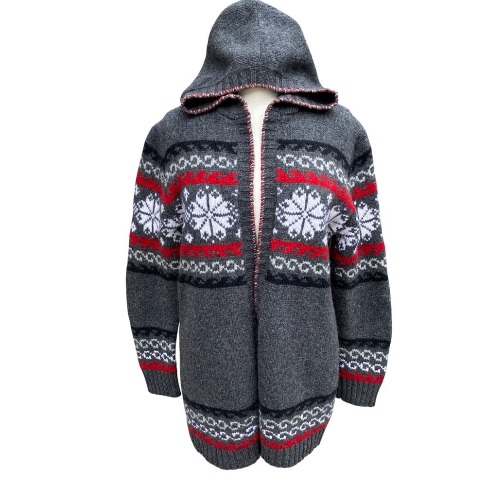 Vintage Old Navy Fair Isle Lambswool Hooded Cardigan Sz XL Gray Red Long Coastal